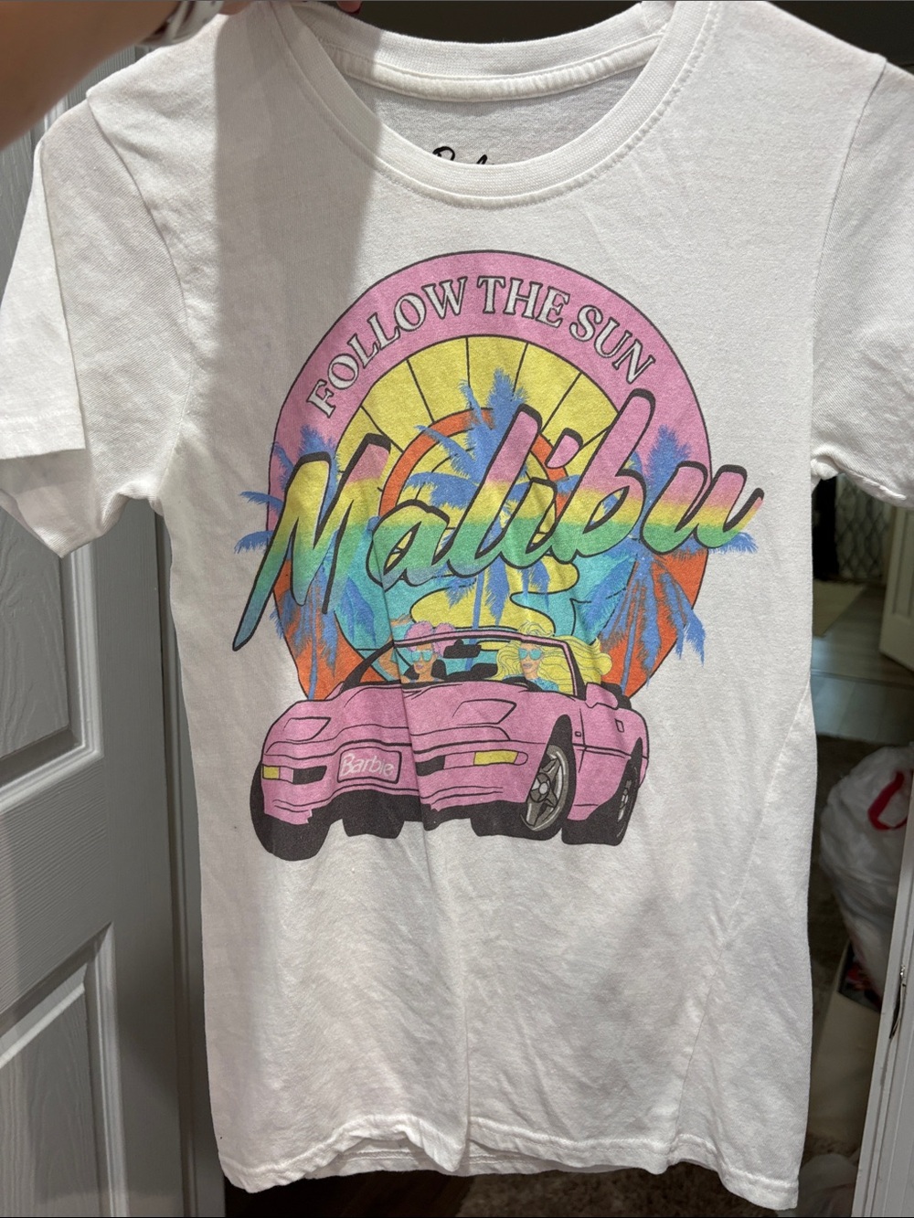 Barbie White Tee with Pink Convertible & Multicolor Malibu Graphic